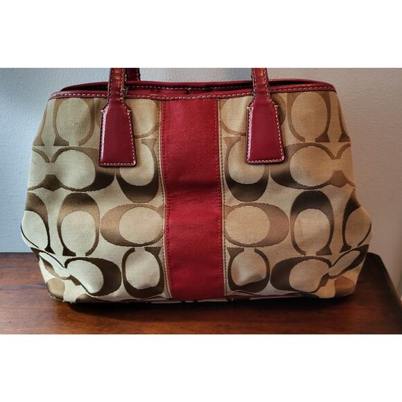 Y2K Coach Signature Stripe Framed Carryall Tote Satchel F17424 Red Stripe - Picture 2 of 16